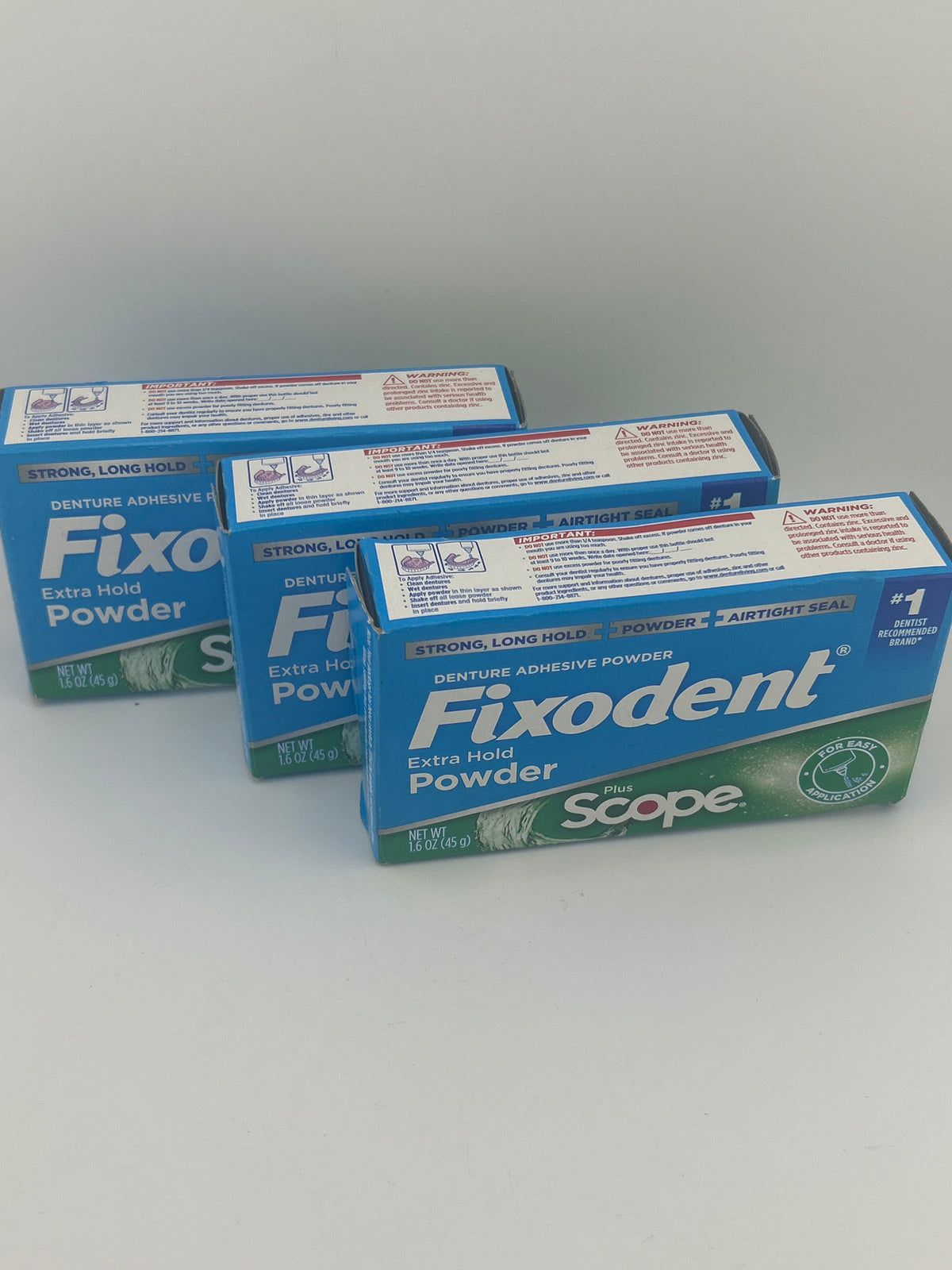 Fixodent Extra Hold Powder Plus Scope 1.6 oz 3 Pack Denture Adhesive Exp 08/2027