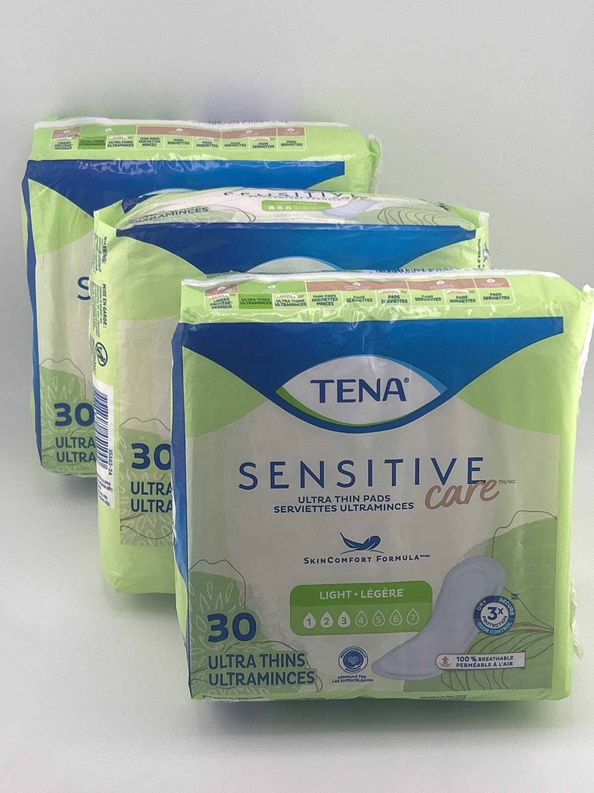 TENA Sensitive Care Ultra Thin Light Pads Regular 3 Packs 90 Total